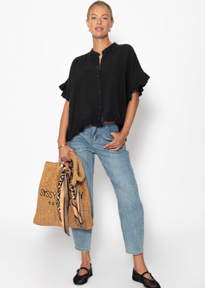Musselin Bluse mit Rüschensaum - schwarz