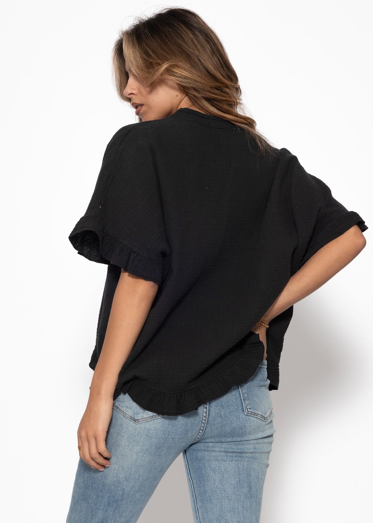 Musselin Bluse mit Rüschensaum - schwarz