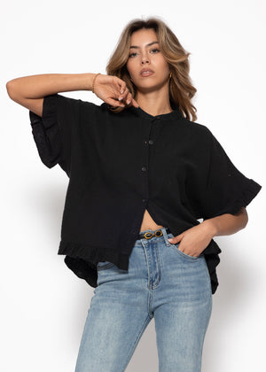 Musselin Bluse mit Rüschensaum - schwarz