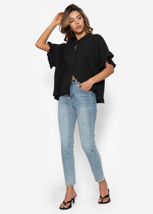 Musselin Bluse mit Rüschensaum - schwarz