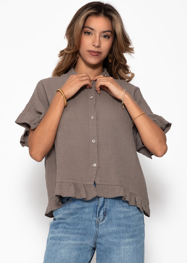 Muslin blouse with ruffle hem - taupe