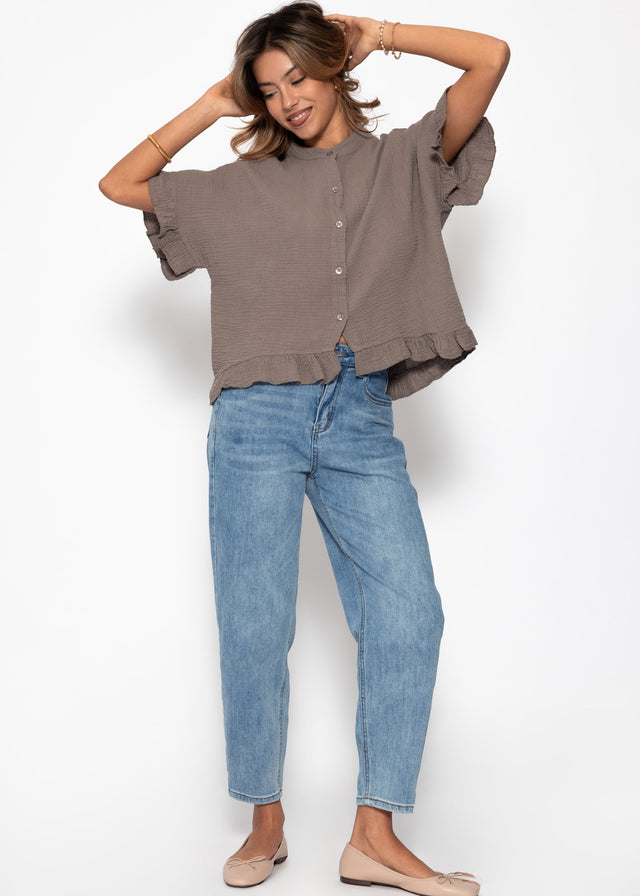 Muslin blouse with ruffle hem - taupe