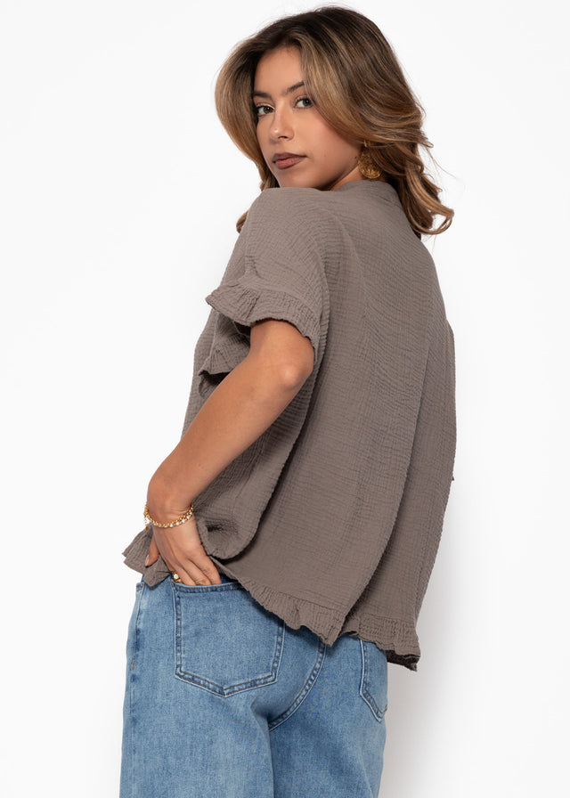 Muslin blouse with ruffle hem - taupe