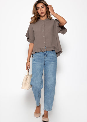 Musselin Bluse mit Rüschensaum - taupe