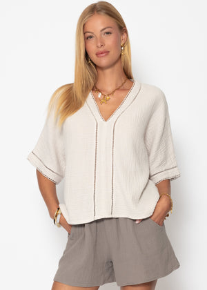 Musselin Bluse mit Spitzeneinsatz - hellbeige