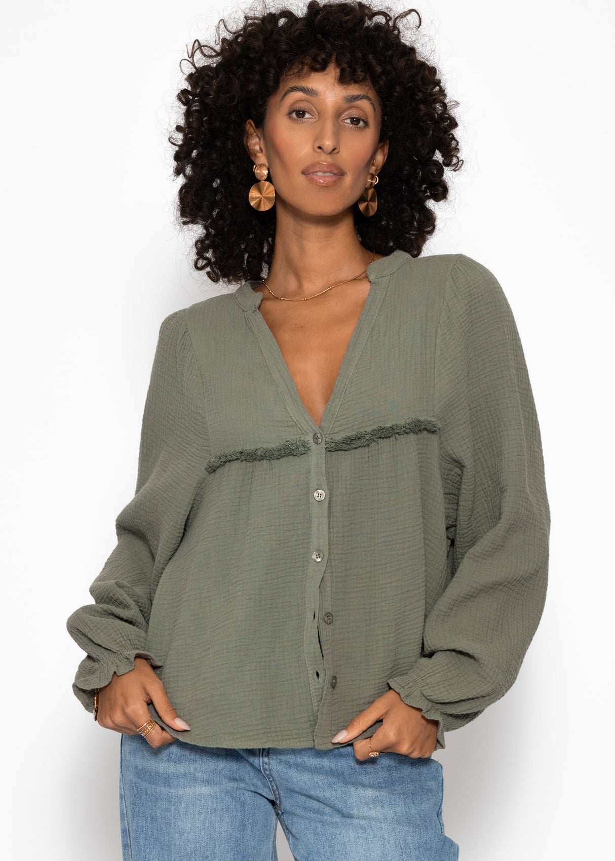 Muslin blouse with V-neck and fringe - khaki