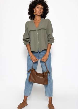 Muslin blouse with V-neck and fringe - khaki