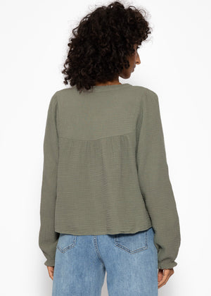 Muslin blouse with V-neck and fringe - khaki