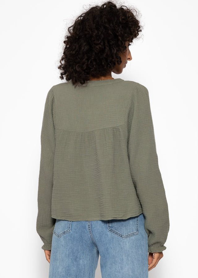 Musselin Bluse mit V-Ausschnitt und Fransen - khaki
