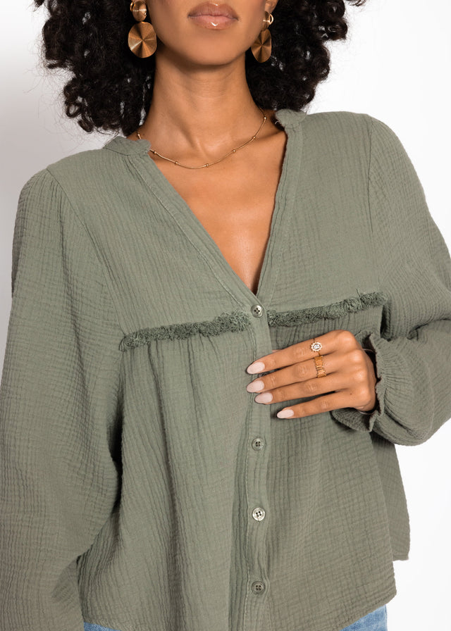 Musselin Bluse mit V-Ausschnitt und Fransen - khaki