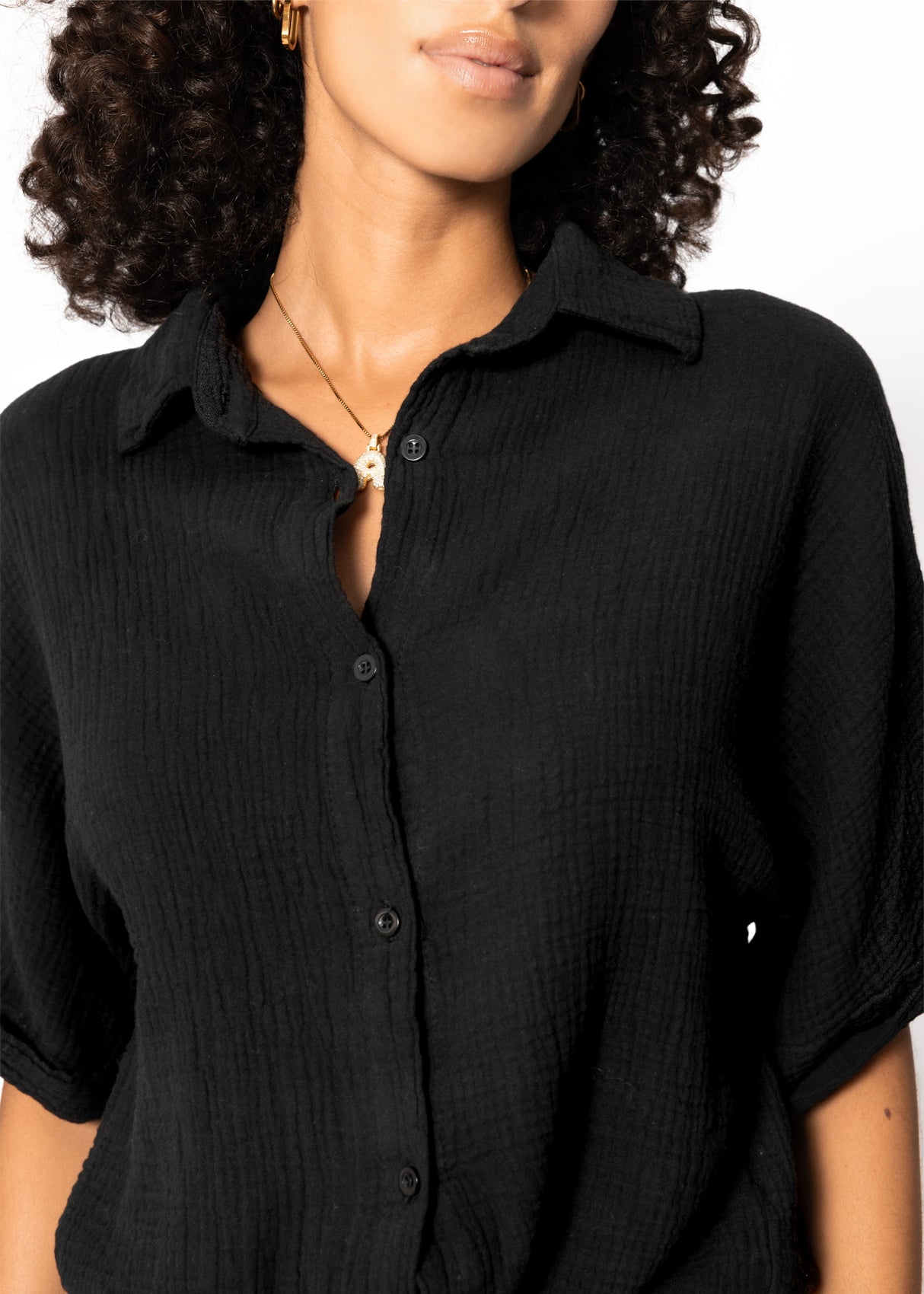 Musselin Bluse mit Zugband - schwarz