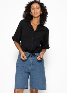 Musselin Bluse mit Zugband - schwarz