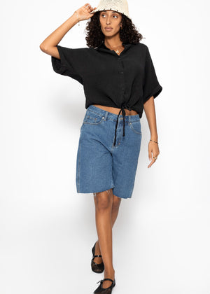 Musselin Bluse mit Zugband - schwarz