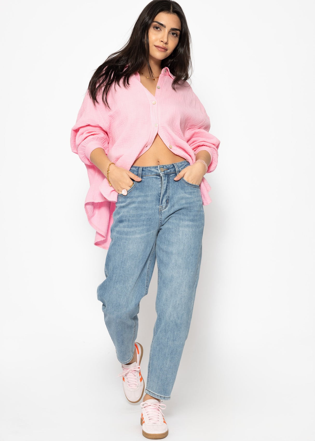Muslin blouse oversize, short, baby pink