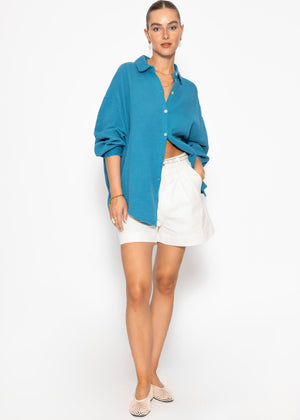 Musselin Bluse oversize, kurz, petrolblau