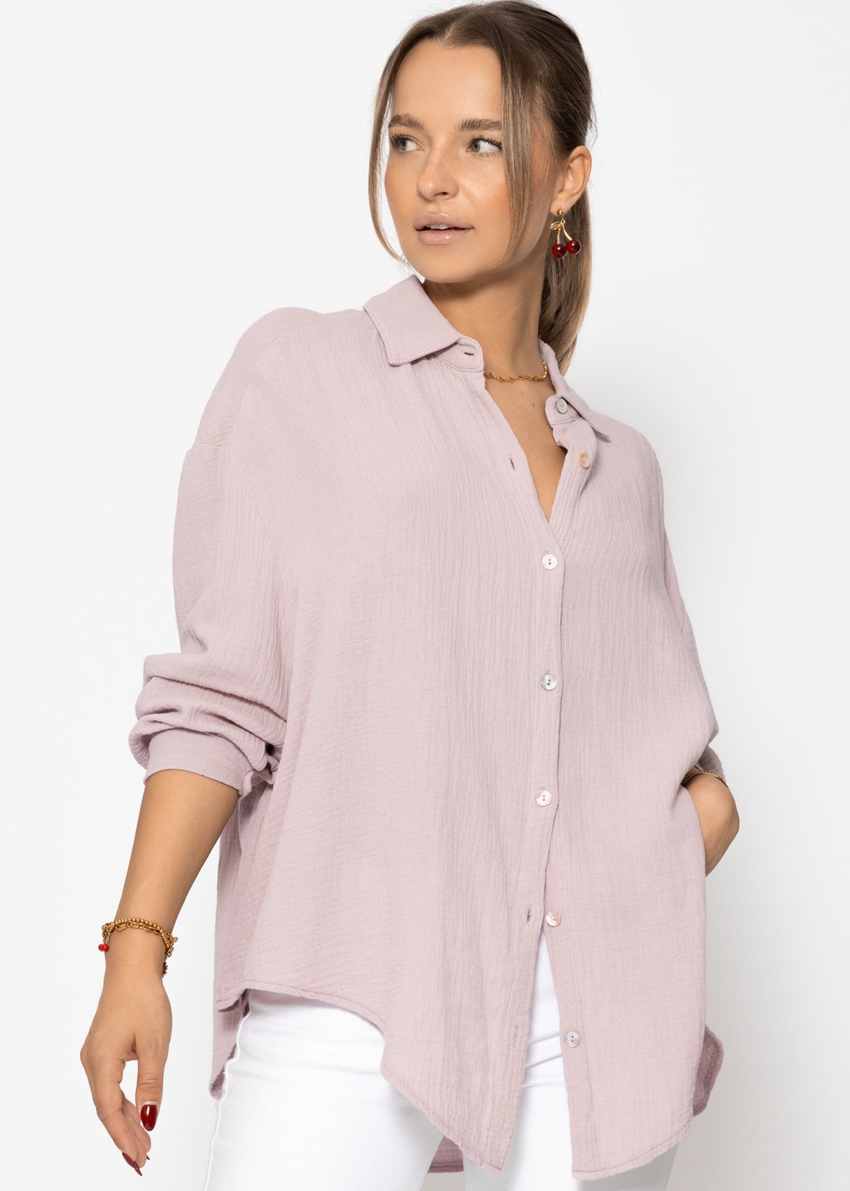 Muslin blouse oversize, short, powder pink