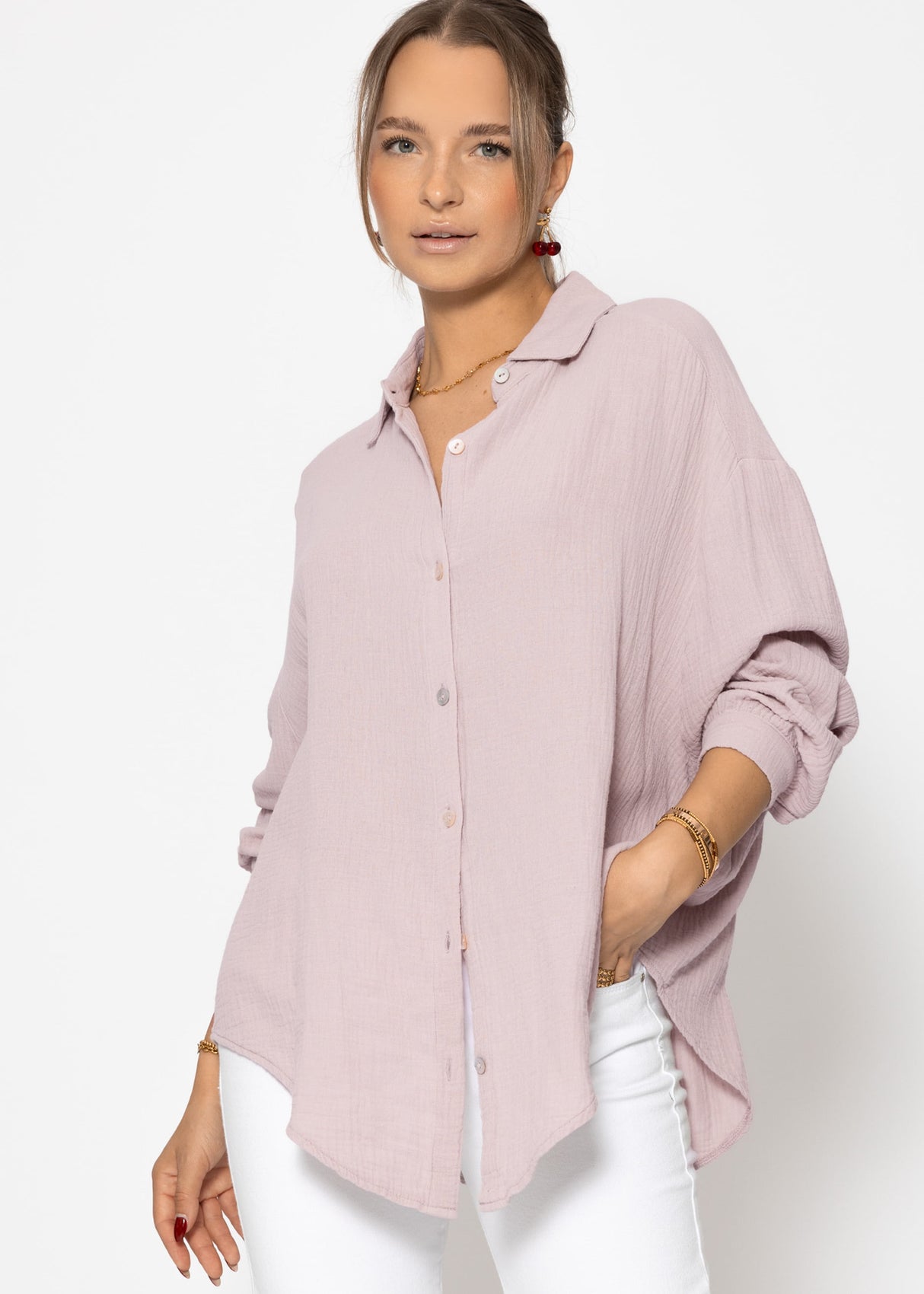 Muslin blouse oversize, short, powder pink