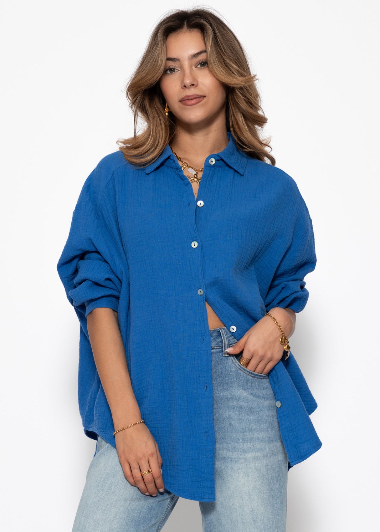 Muslin blouse oversize, short, royal blue