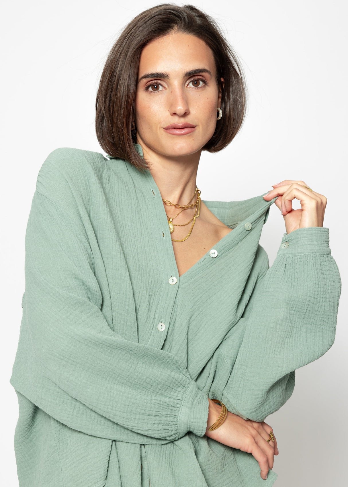 Muslin blouse oversize, short, sage green