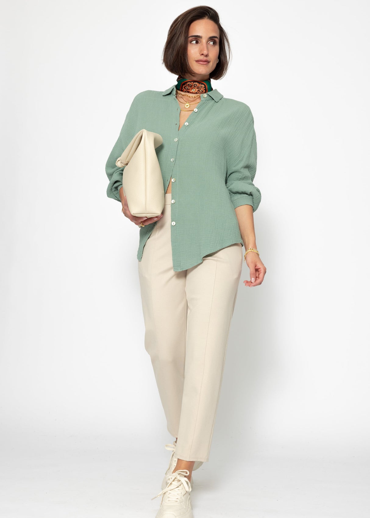Muslin blouse oversize, short, sage green