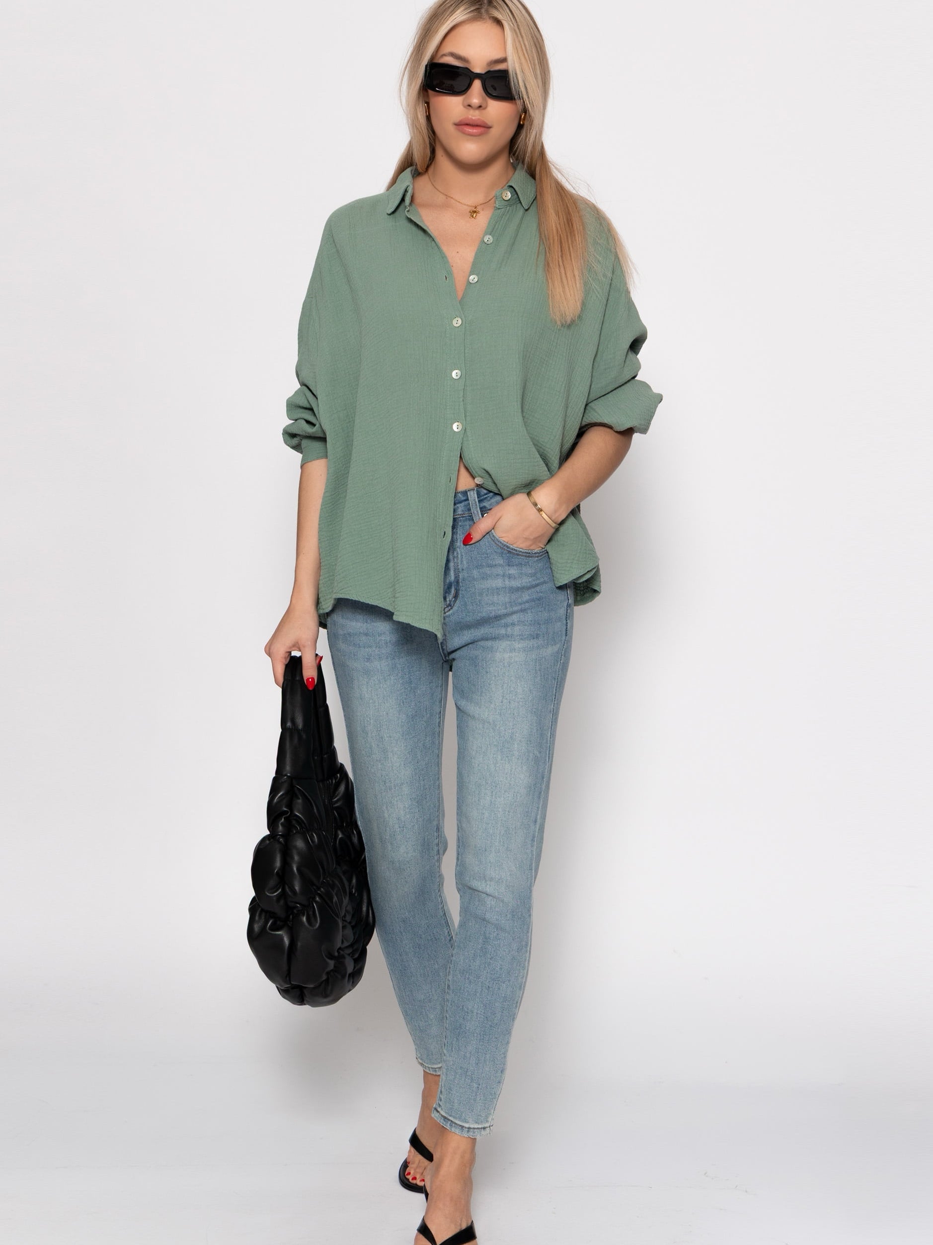 Musselin Bluse oversize, kurz - salbeigrün