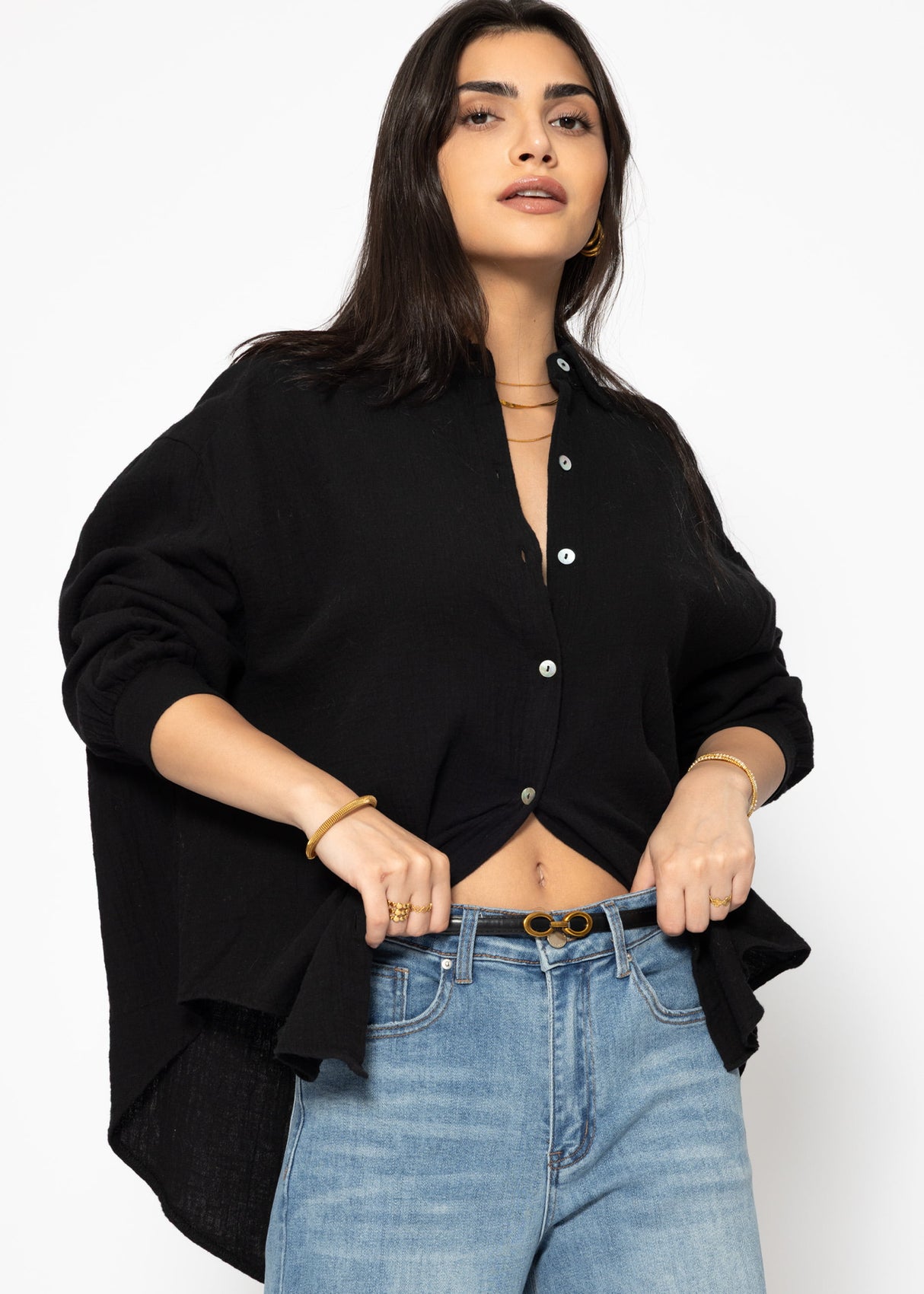 Muslin blouse oversize, short, black