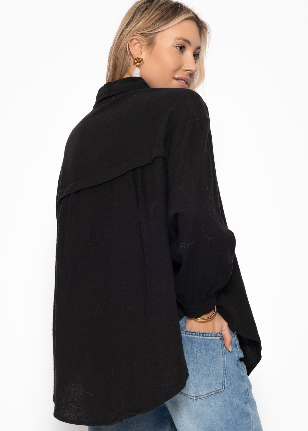 Muslin blouse oversize, short, black
