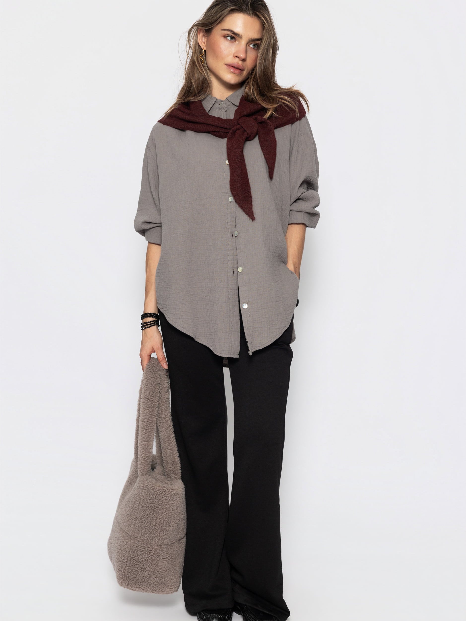 Musselin Bluse oversize, kurz - taupe