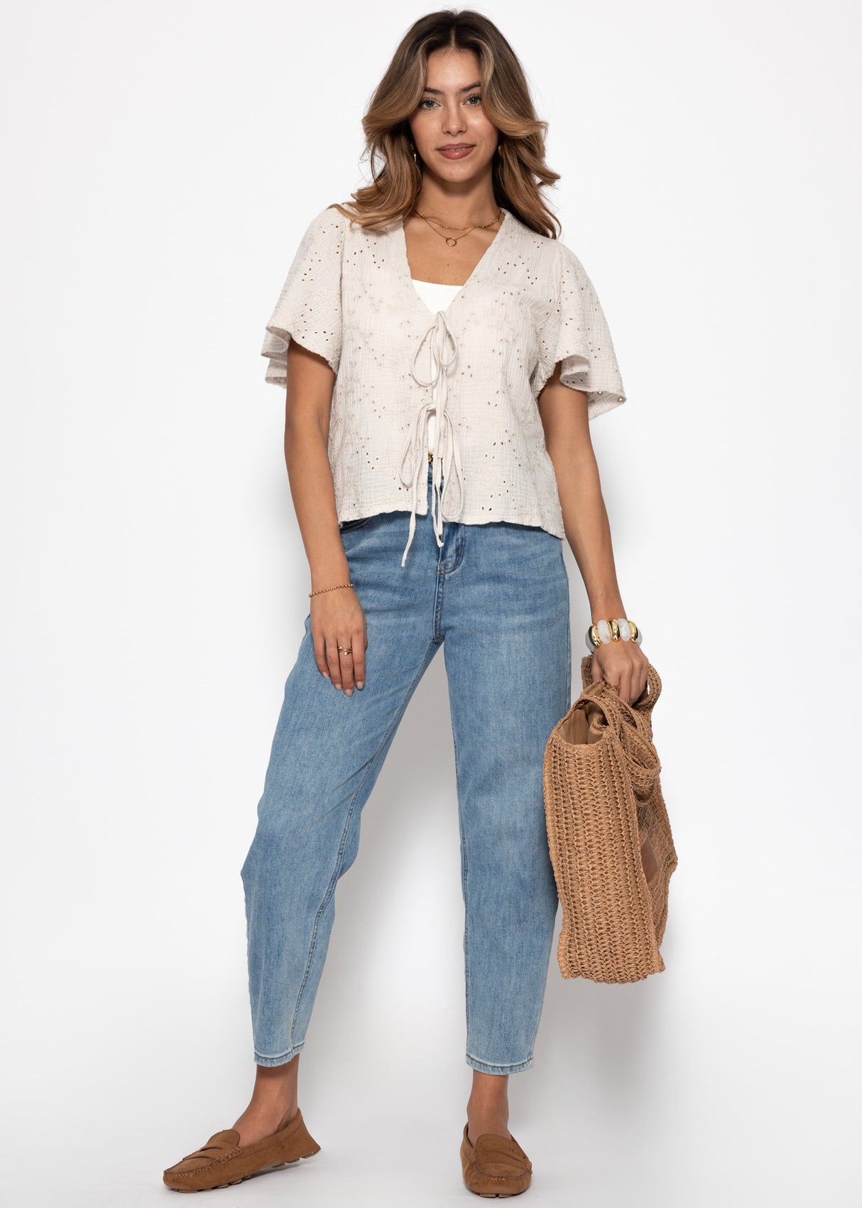 Muslin tie-up blouse with eyelet embroidery - light beige
