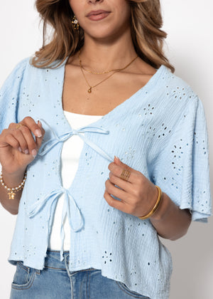 Muslin blouse with tie fastening and eyelet embroidery - light blue
