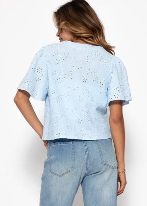 Muslin blouse with tie fastening and eyelet embroidery - light blue