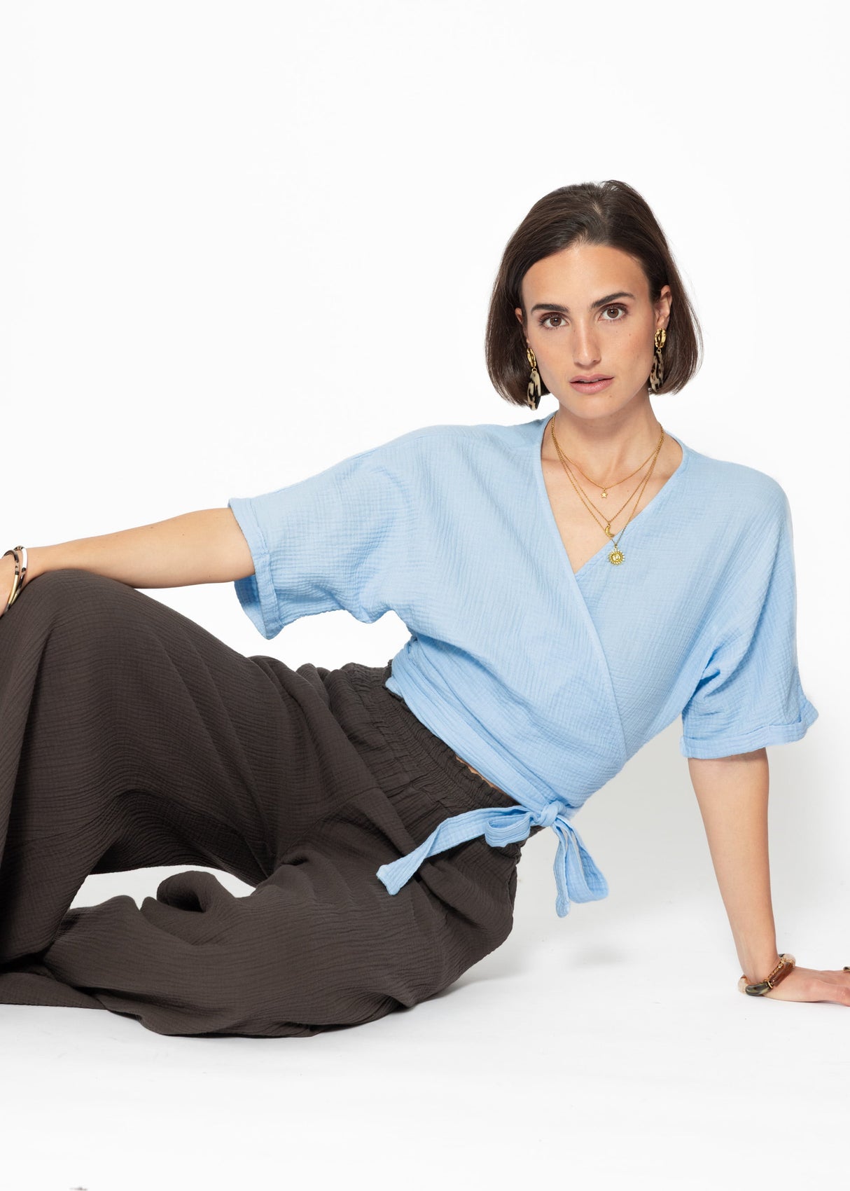Musselin Bluse zum Wickeln - hellblau