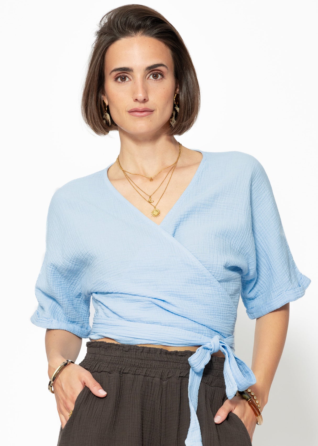 Musselin Bluse zum Wickeln - hellblau