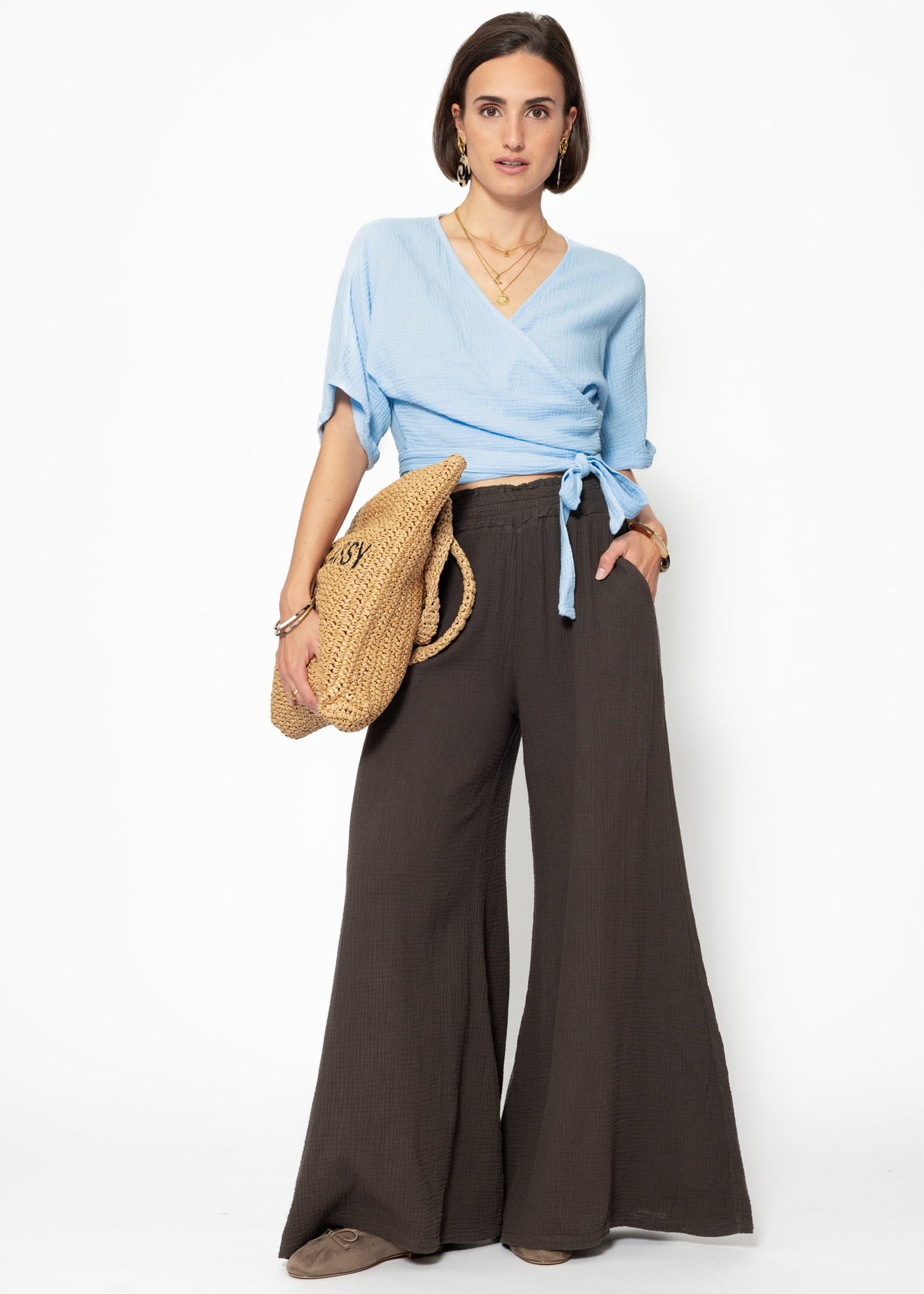 Musselin Bluse zum Wickeln - hellblau