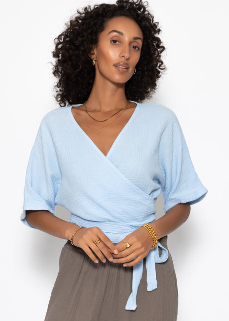 Musselin Bluse zum Wickeln - hellblau