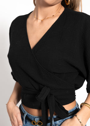 Muslin wrap blouse - black