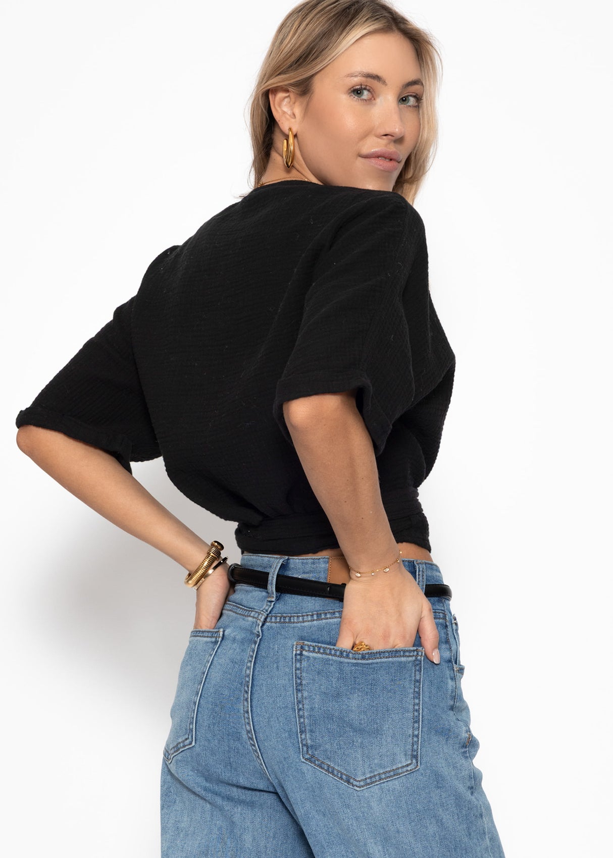 Muslin wrap blouse - black