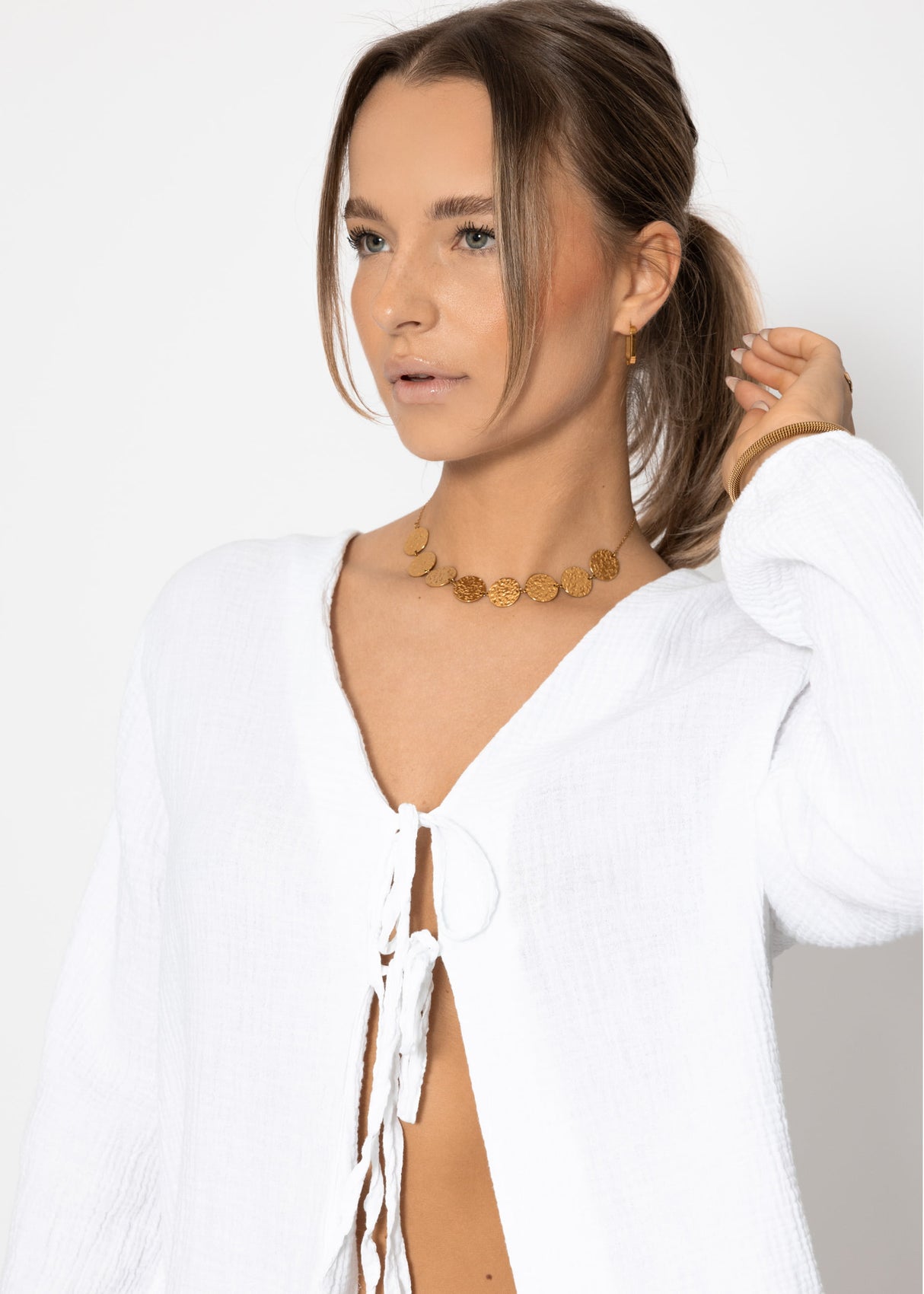 Muslin blouse jacket with ties - white