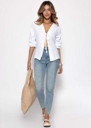 Musselin Blusenjacke mit Bindebänder - weiß