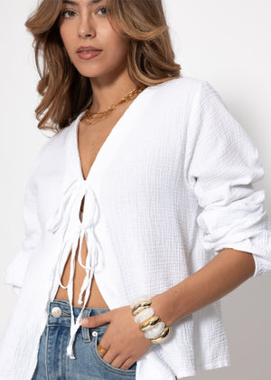 Musselin Blusenjacke mit Bindebänder - weiß