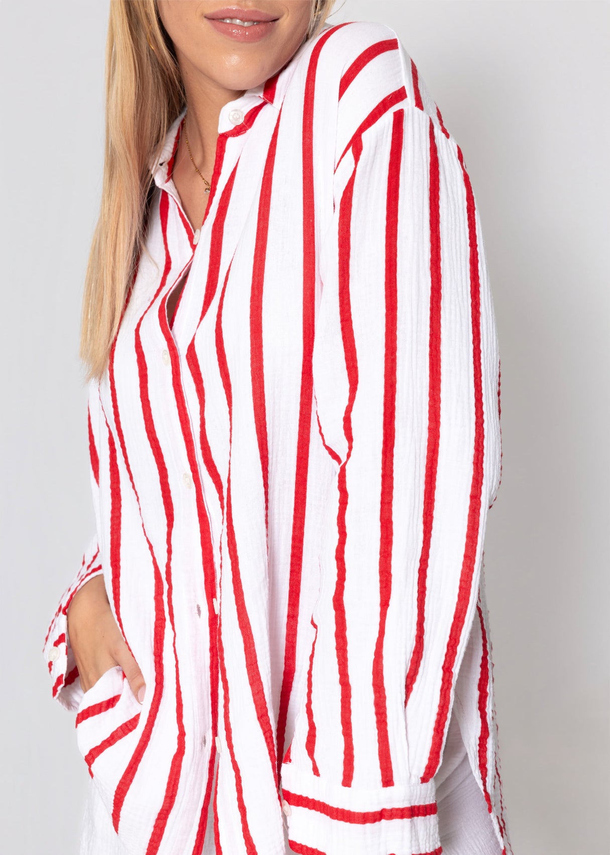 Musselin Hemdbluse mit Streifen - weiß-rot