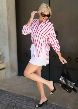Musselin Hemdbluse mit Streifen - weiß-rot