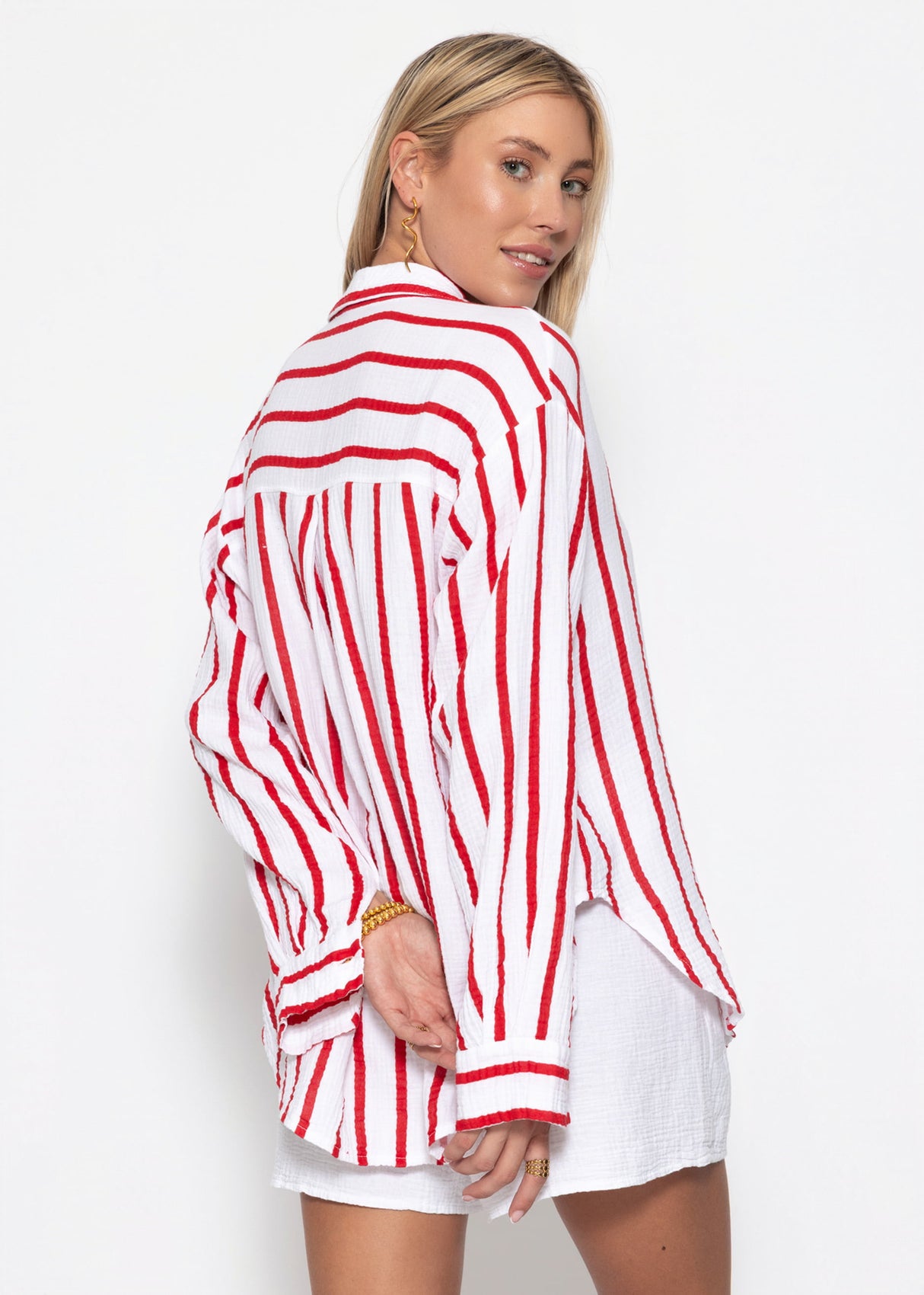 Musselin Hemdbluse mit Streifen - weiß-rot