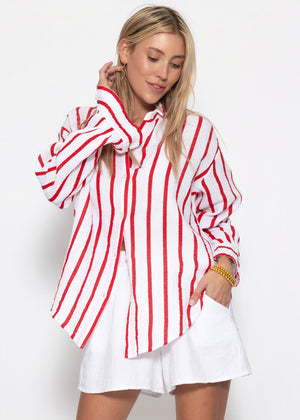 Musselin Hemdbluse mit Streifen - weiß-rot