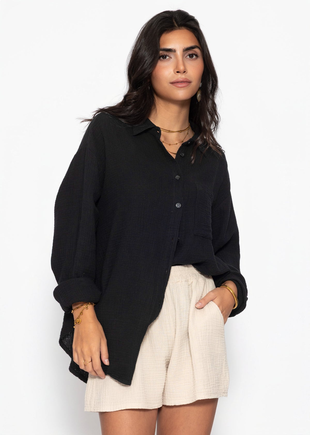 Musselin Hemdbluse - schwarz