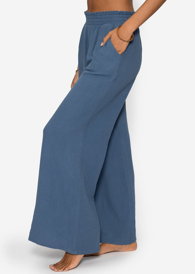 Musselin Hose mit weitem Bein - jeansblau