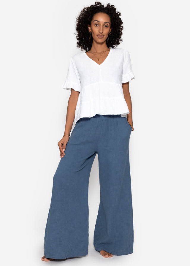 Musselin Hose mit weitem Bein - jeansblau