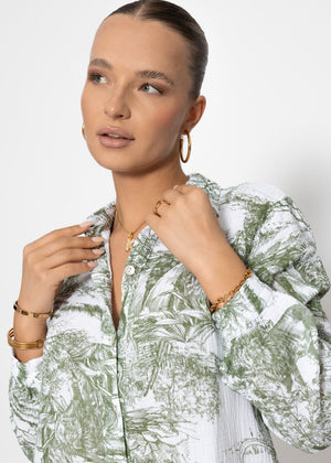 Musselin Kleid mit langen Ärmel und Print, khaki
