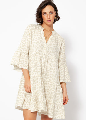 Musselin Kleid mit Leo-Print - hellbeige