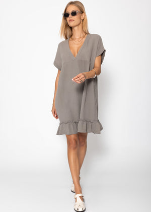 Musselin Kleid mit V-Ausschnitt - taupe